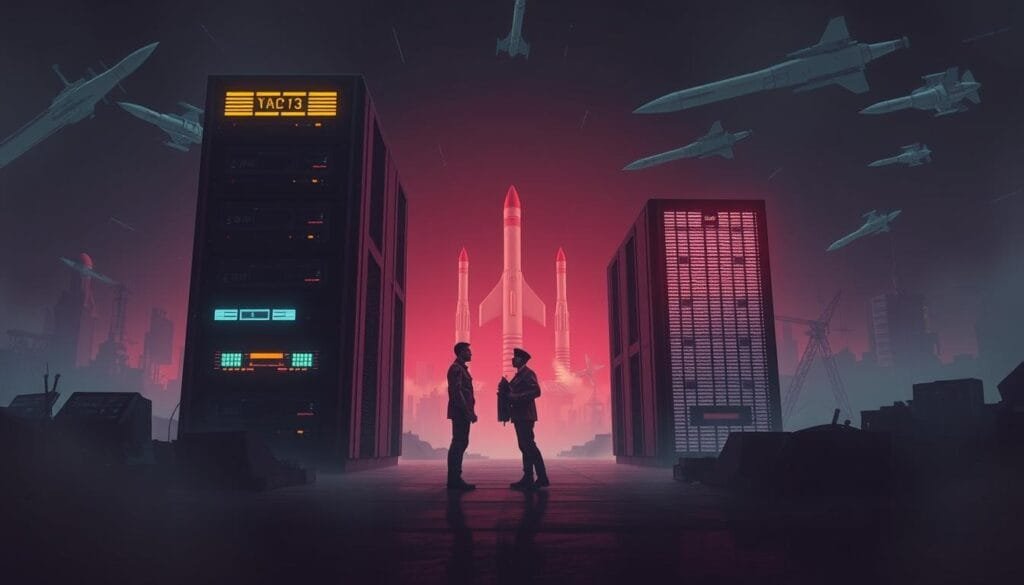 A dimly lit, cyberpunk-inspired scene depicting the Cold War's technological arms race. In the foreground, a towering, monolithic computer mainframe dominates the frame, its blinking lights and whirring fans evoking the tension of the era. In the middle ground, two figures in military uniforms stand facing each other, their expressions hardened by the weight of geopolitical rivalry. The background is shrouded in a hazy, neon-tinged atmosphere, with stylized silhouettes of missiles, satellites, and other futuristic weapons systems looming in the distance. The overall mood is one of unease and technological prowess, reflecting the historical context of the Cold War's impact on the development of modern computing and communication technologies.