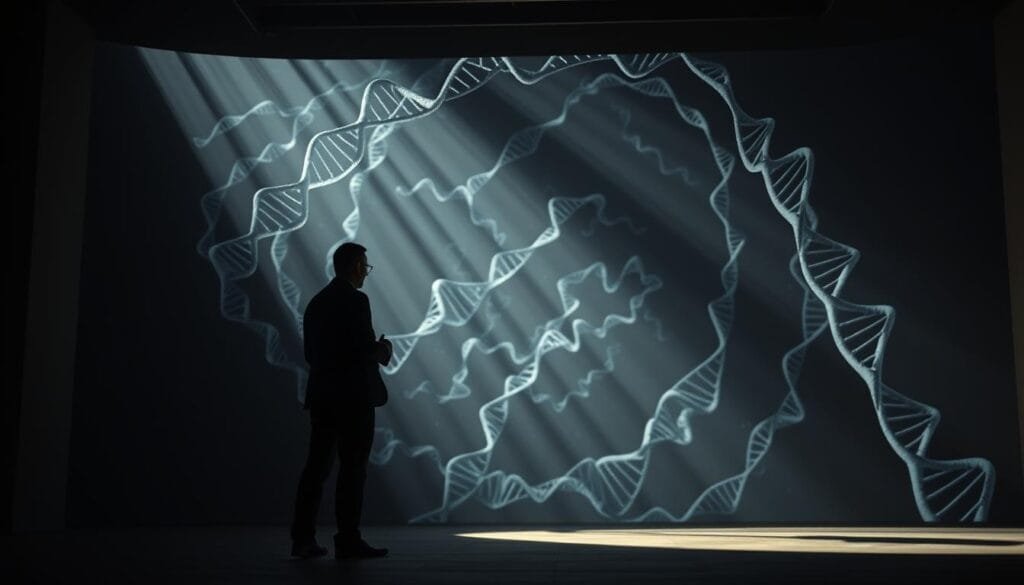 A dimly lit debate chamber, the air thick with tension. In the foreground, two figures stand in sharp contrast, engaged in a heated discussion over the ethical implications of genetic editing. The background is a swirling vortex of DNA strands, symbolizing the complex and far-reaching consequences of this technology. Soft, dramatic lighting casts dramatic shadows, heightening the sense of gravity and import. The scene is captured through a wide-angle lens, emphasizing the weight of the moment and the gravity of the decisions at hand.