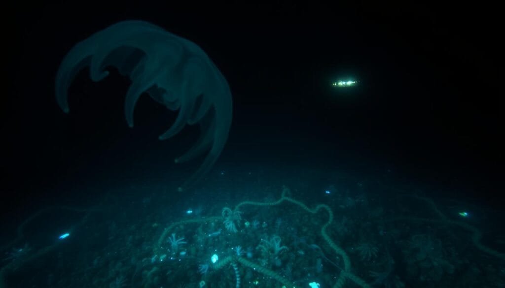 A dimly lit, deep-sea scene showcases the fragile ecosystem of the abyssal ocean. In the foreground, a ghostly, translucent creature drifts, its ethereal form a testament to the harsh conditions. The middle ground reveals a lush seabed, home to a diverse array of strange, bioluminescent lifeforms. However, the background is marred by the intrusion of human impact - discarded fishing nets, plastic debris, and the distant glow of a deep-sea mining operation, casting an ominous shadow over this otherworldly realm. The image conveys a sense of both wonder and unease, capturing the delicate balance between the natural world and the encroaching influence of humanity in the ocean's darkest depths.