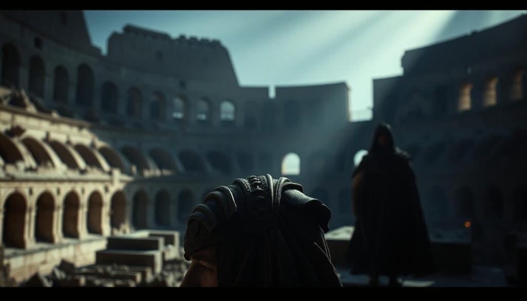 A dimly lit, evocative scene of Maximus, the storied gladiator, standing amidst the ruins of the Colosseum. He gazes pensively, as if considering an alternate path, his weathered face cast in dramatic chiaroscuro lighting. In the background, a shadowy figure approaches, hinting at the possibility of a continuation of his story. The atmosphere is one of melancholy introspection, inviting the viewer to ponder the potential for a different fate beyond the original film's ending.