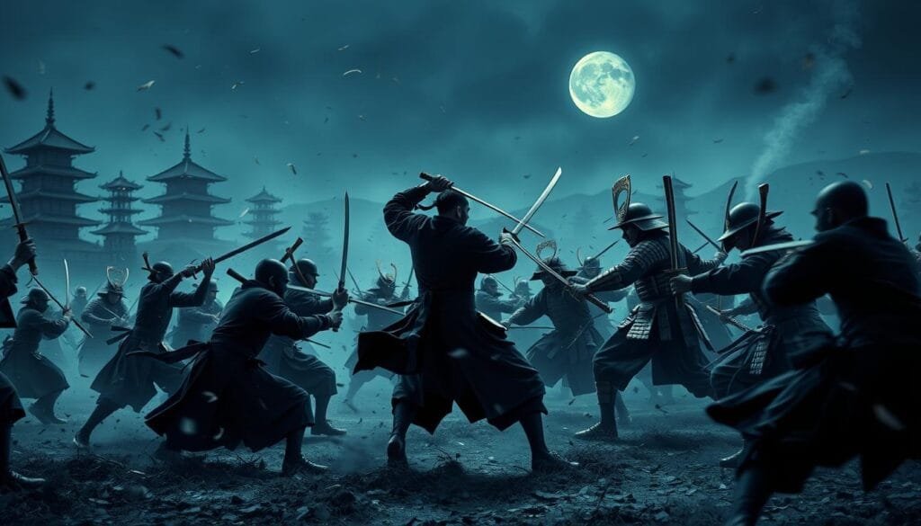 A dimly lit feudal Japanese battlefield, where shinobi clad in black garb engage in a fierce clash with samurai adorned in gleaming armor. The foreground is a whirlwind of shuriken, katanas, and ninjutsu, as the nimble shinobi evade the powerful strikes of the samurai. In the middle ground, the two sides collide in a choreographed dance of steel and shadow, their movements blurred by the speed and intensity of the combat. The background is a hazy, moonlit landscape, with towering pagodas and pine trees providing a sense of the historical setting. The scene is bathed in a cool, bluish tone, creating an atmospheric and dramatic tension between the two legendary warrior classes.