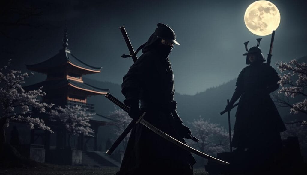 A dimly lit feudal Japanese landscape, with a central figure representing the contrast between ninjutsu and bushido. In the foreground, a ninja dressed in dark garb, wielding a katana, symbolizing the stealth and deception of ninjutsu. Behind them, a samurai in full armor, standing tall and proud, embodying the honor and discipline of bushido. The background features a pagoda, cherry blossom trees, and a full moon, evoking the traditional aesthetic of Japan. Dramatic chiaroscuro lighting casts deep shadows, heightening the sense of tension and duality between the two martial arts philosophies. A serene yet powerful composition, capturing the historical and philosophical essence of ninjutsu and bushido.