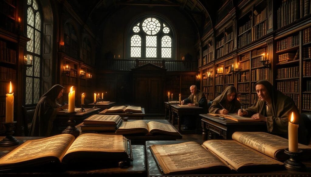 A dimly lit interior of an ancient library, illuminated by the soft glow of flickering candles. Weathered manuscripts, their pages yellowed with age, lie open on ornate wooden desks. Scribes in flowing robes carefully transcribe the aged texts, their quills dancing across the parchment. The air is thick with the musty scent of old books and the quiet concentration of dedicated scholars. Dust motes dance in the shafts of light that filter through high, arched windows, adding to the sense of timelessness and reverence. The scene evokes the careful preservation and translation of humanity's collective knowledge, even as empires rise and fall.