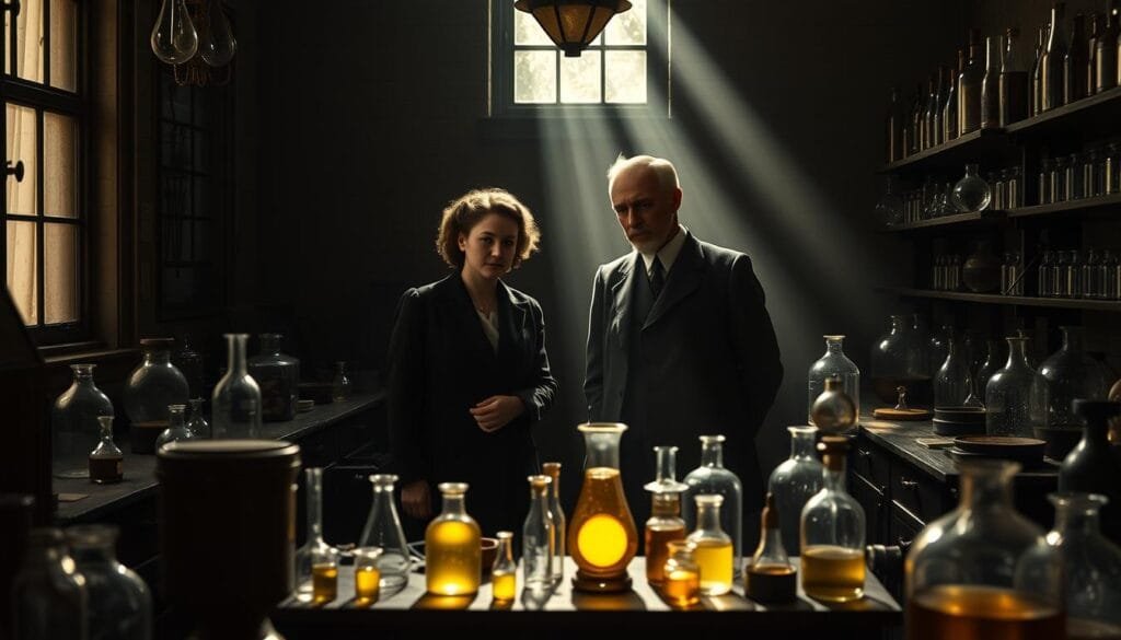 A dimly lit laboratory in the late 19th century, filled with scientific equipment and glassware. In the center, Marie Curie and Pierre Curie stand amidst their groundbreaking discoveries, the newly isolated elements radium and polonium radiating a faint glow. Sunlight streams in through a window, casting dramatic shadows and highlighting the intense focus on their faces as they meticulously study their findings. An atmosphere of scientific curiosity and the thrill of the unknown permeates the scene, capturing the pioneering spirit of their historic work.