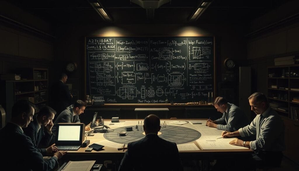 A dimly lit laboratory in the mid-20th century, with a group of scientists intently studying schematics and diagrams on a large table. The foreground features a mix of physicists, mathematicians, and engineers, their faces illuminated by the glow of computer screens and scientific instruments. In the middle ground, a massive chalkboard covered in complex equations and formulas. The background is a shadowy, atmospheric scene, hinting at the historic significance of the Manhattan Project and the birth of the atomic age. The lighting is dramatic, with strong contrast and hints of mystery, capturing the high-stakes, high-tension atmosphere of this pivotal moment in scientific history.