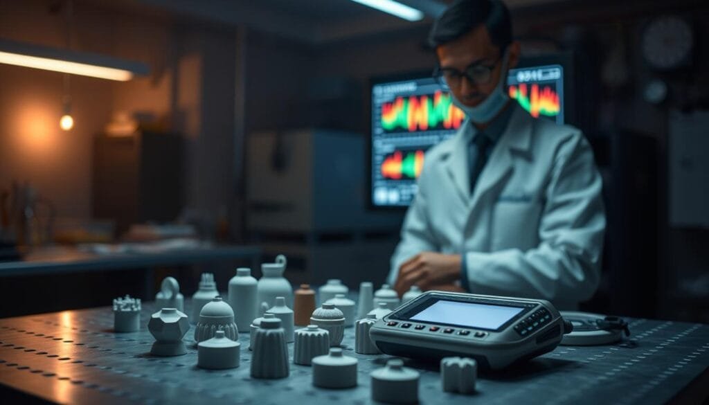 A dimly lit laboratory setting, with a scientist intently focused on a display screen showcasing colorful waveforms and frequency patterns. In the foreground, a high-tech device resembling a handheld sonar or echolocation system rests on a steel workbench, its sleek design hinting at its advanced capabilities. The middle ground features a series of 3D-printed object models, each with a unique shape and texture, arranged in a grid-like pattern. The background is shrouded in a soft, ambient glow, creating a sense of mystery and exploration. The overall scene conveys the notion of human echolocation, with the scientist's concentration and the technological tools suggesting the potential for enhanced sensory perception and environmental awareness.