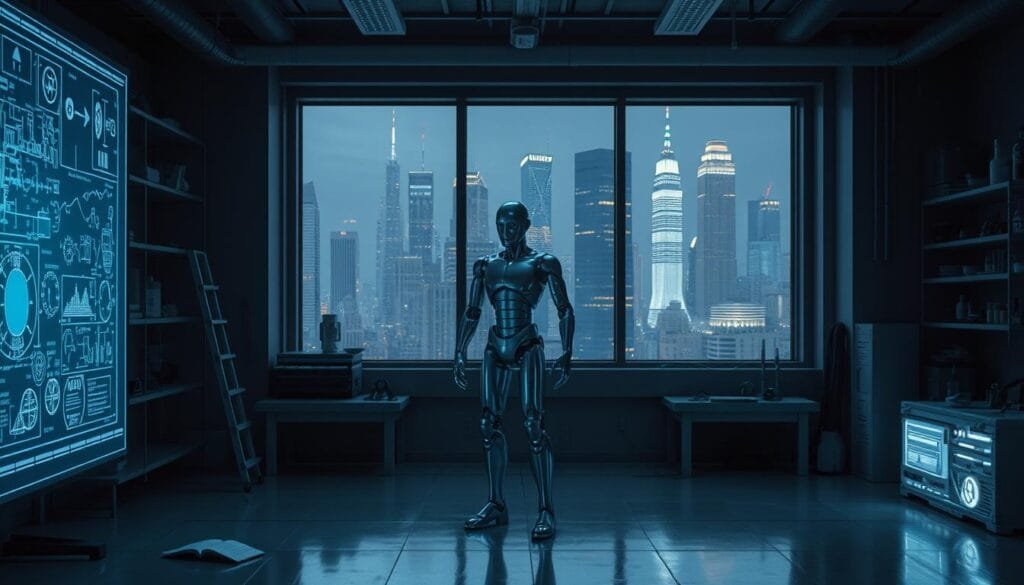A dimly lit laboratory setting, with futuristic technology and scientific instruments scattered throughout. In the foreground, a holographic display projects intricate diagrams and schematics, casting an ethereal glow. In the middle ground, a sleek, silver android stands, its mechanical joints and sensors hinting at the convergence of science fiction and real-world advancements. The background features a large window, revealing a cityscape of towering skyscrapers and glowing neon signs, symbolizing the rapid progress of technology. Soft, cool lighting and muted tones create a contemplative atmosphere, inviting the viewer to ponder the possibilities and implications of this technological evolution.
