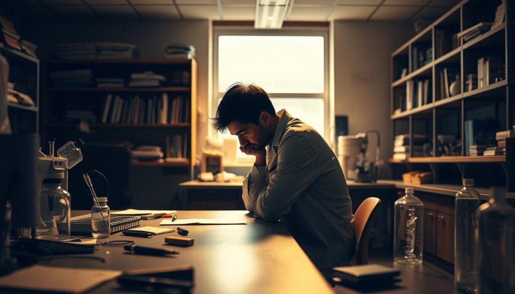 A dimly lit laboratory with scattered scientific equipment and instruments. In the foreground, a scientist sits hunched over a desk, lost in thought, their expression pensive and weary. The background features shelves lined with books, papers, and other research materials, hinting at the intellectual pursuit that has led to this moment of apparent boredom. Soft, warm lighting illuminates the scene, creating a contemplative atmosphere. The overall composition suggests a tension between the monotony of scientific work and the potential for creative breakthroughs that can emerge from moments of idle reflection.