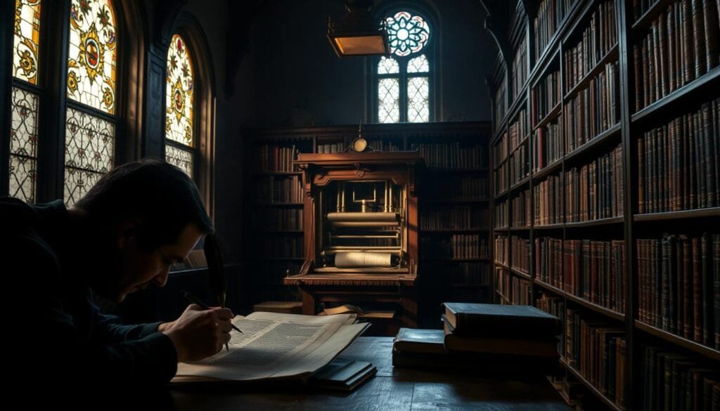 A dimly lit library interior, with sunlight filtering through ornate stained-glass windows. In the foreground, a scribe meticulously crafting a manuscript, their quill delicately tracing intricate calligraphy. In the middle ground, a printing press stands, its wooden framework and metal components subtly illuminated, symbolizing the transition from handwritten to printed books. In the background, rows of neatly arranged tomes line the shelves, their spines showcasing the evolution of communication from manuscripts to the printed word. The scene conveys a sense of reverence for the written word and the technological advancements that have shaped its dissemination over time.