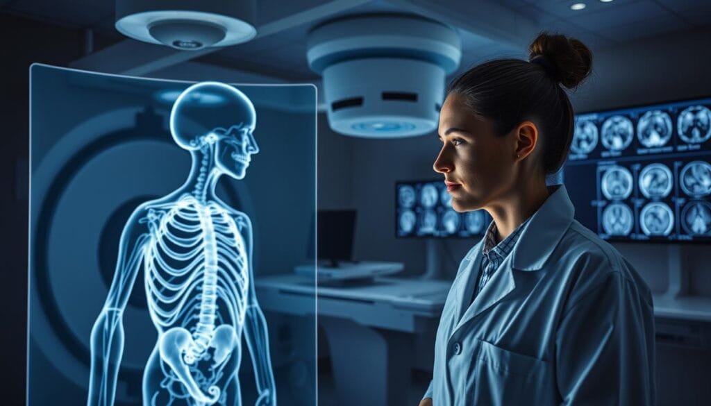 A dimly lit medical imaging laboratory, with state-of-the-art radiological equipment prominently displayed. In the foreground, a holographic projection showcases the intricate structure of the human body, revealing the latest advancements in medical imaging technology. The middle ground features a scientist, dressed in a crisp white lab coat, meticulously analyzing the projected data, their face illuminated by the soft glow of the display. In the background, a wall-mounted monitor displays a series of high-resolution medical scans, highlighting the remarkable level of detail and precision achieved through the innovative application of Marie Curie's groundbreaking discoveries. The scene conveys a sense of scientific progress, innovation, and the lasting impact of Curie's pioneering work in the field of radiology.
