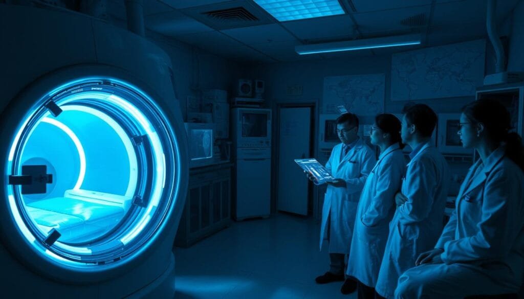 A dimly lit medical research laboratory, with scientific equipment and diagrams examining the complexities of human hibernation. In the foreground, a cryogenic chamber glows with an eerie blue light, casting long shadows across the room. Doctors in sterile white coats study holographic displays, analyzing data and considering the ethical implications of this pioneering technology. The atmosphere is one of solemn contemplation, the weight of responsibility palpable as they grapple with the challenges of safely inducing and maintaining human hibernation.