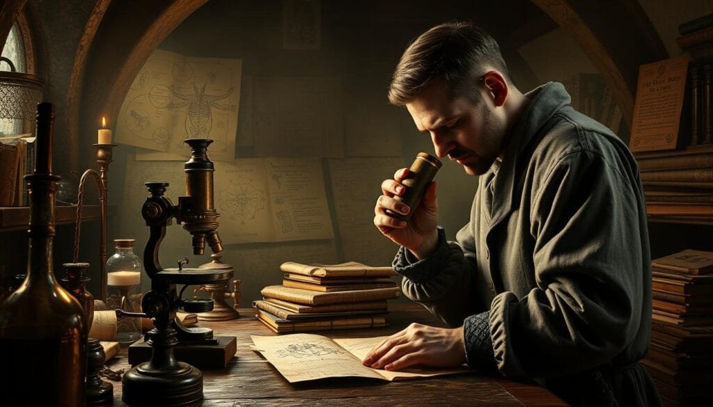 A dimly lit medieval laboratory, filled with the tools of scientific discovery. In the foreground, a scholar examines a bubonic plague sample under a ornate brass microscope, brow furrowed in concentration. Around him, alchemical apparatus, scrolls, and books hint at the groundbreaking research happening here, despite the ravages of the Black Death outside. The middle ground reveals intricate diagrams, anatomical sketches, and hastily scribbled notes - evidence of the inquisitive minds pushing the boundaries of understanding, even amidst the devastation. The background is shrouded in a hazy, atmospheric glow, suggestive of the profound impact these secret discoveries could have on the course of European history, had the pandemic not cast such a long shadow.