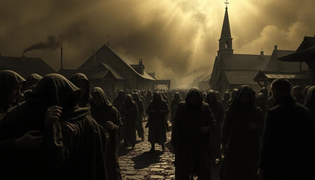 A dimly lit medieval town, the air thick with an ominous haze. In the foreground, figures huddled together, faces obscured by tattered cloaks, as they exchange bodily fluids - a grim depiction of the transmission of disease. The middle ground reveals a chaotic scene, where the afflicted stumble through the streets, their bodies racked with sores and fever. In the background, a church spire stands as a silent witness, its bell tolling a somber dirge. The lighting casts long, foreboding shadows, heightening the sense of dread and despair. A haunting, sepia-toned tableau, capturing the devastation of an epidemic's relentless spread.