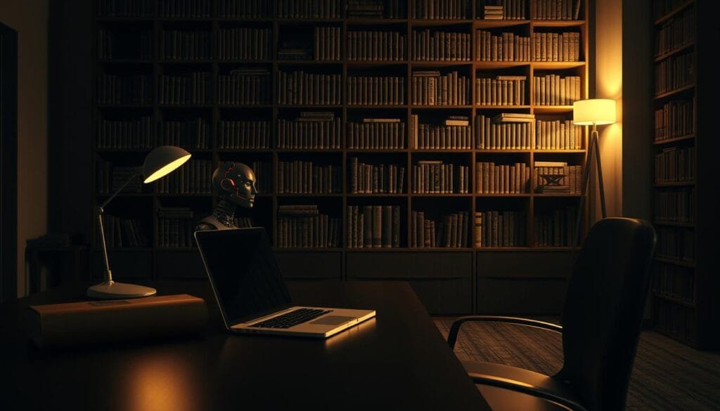 A dimly lit office interior, with a large desk and a modern, minimalist chair. On the desk, a sleek, silver laptop displays a complex 3D model of a humanoid robot, its form glowing with a subtle metallic sheen. In the background, a towering bookshelf filled with volumes on AI and robotics casts long shadows across the room, creating a sense of depth and weight. The atmosphere is one of contemplation and responsibility, as the viewer is drawn to ponder the ethical implications of this advanced technology. Soft, warm lighting from a single lamp on the desk illuminates the scene, casting a thoughtful glow and emphasizing the gravity of the subject matter.