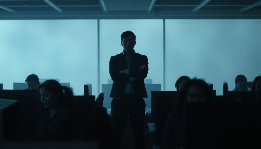 A dimly lit office scene, with workers intently focused on their computer screens, oblivious to their surroundings. The foreground features a group of employees engrossed in their tasks, their expressions vacant and detached. In the middle ground, a lone figure stands, arms crossed, observing the scene with a pensive gaze. The background is hazy, with a sense of emptiness and isolation, emphasizing the disconnection between the workers and the outside world. The lighting is soft and muted, casting subtle shadows that accentuate the sense of detachment. The overall atmosphere conveys the idea of "inattentional blindness," where individuals become so absorbed in their work that they fail to notice the most obvious things happening around them.