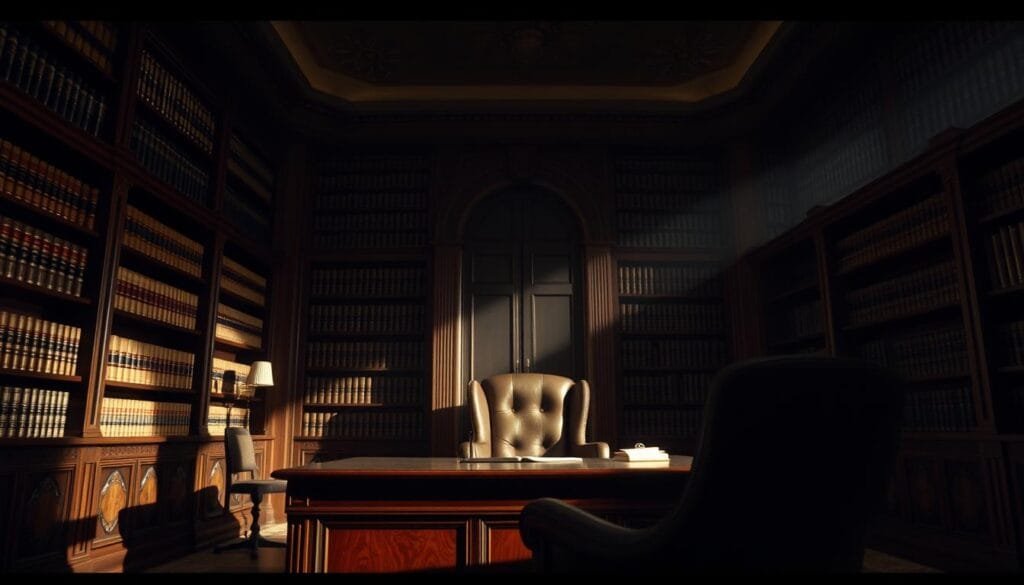 A dimly lit, ornate office interior with a large mahogany desk and a high-backed leather chair in the foreground. Shelves of leather-bound books line the walls, casting long shadows across the room. Soft, dramatic lighting illuminates the scene, creating deep contrasts and a sense of mystery. The camera angle is slightly low, lending an authoritative, cinematic perspective. The overall mood is one of power, influence, and the weight of decision-making, reflecting the subject matter of "The Godfather" and the importance of cinematography and direction in crafting that iconic film.