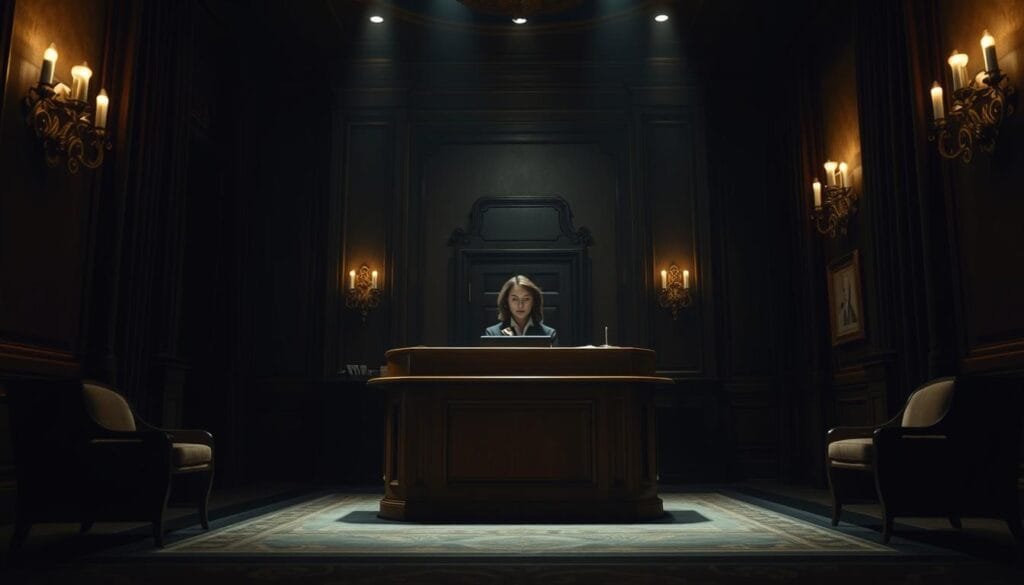 A dimly lit reception hall, the walls lined with heavy velvet curtains and ornate sconces casting a warm glow. In the center, a large oak reception desk where a somber-faced receptionist stands, her expression conveying a sense of ambiguity and detachment. The atmosphere is palpably tense, hinting at the complex and controversial nature of the subject matter being discussed. The lighting is dramatic, with deep shadows and highlights accentuating the uncertain mood. The camera angle is slightly low, giving the viewer a sense of unease and a subtle power dynamic. This image captures the critical reception and public response to "The Godfather," a landmark film that examined the ascent and downfall of the Corleone family empire.