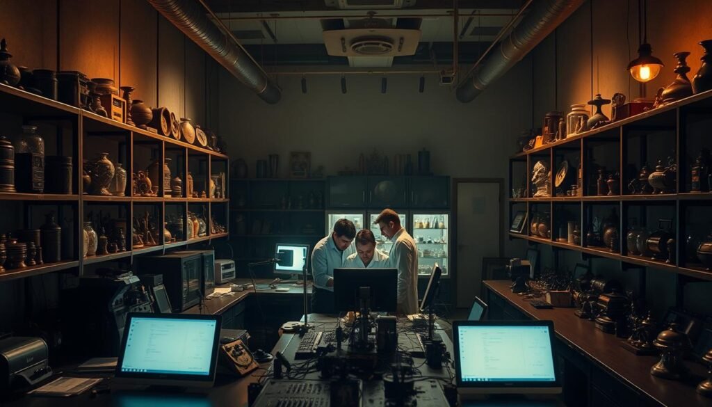 A dimly lit research laboratory, filled with an array of scientific instruments and equipment. In the center, a team of researchers intently studying various objects, their faces illuminated by the glow of computer screens. Shelves lining the walls hold an assortment of antique items, each with a unique history and story to tell. The atmosphere is one of focused curiosity and a deep fascination with the hidden memories and energies of these inanimate objects. Soft, warm lighting casts dramatic shadows, adding to the sense of mystery and discovery. The camera angle is slightly elevated, providing a sweeping view of the laboratory and the dedicated scientists at work, uncovering the secrets of psychometry.