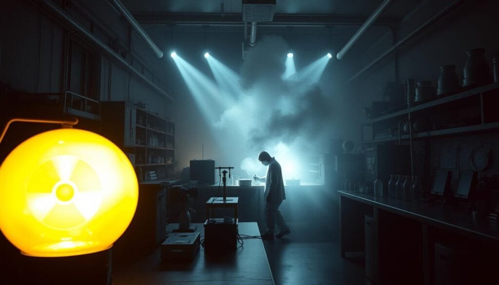 A dimly lit research laboratory, with instruments and equipment casting ominous shadows. In the foreground, a glowing, translucent sphere emits an eerie radiance, representing the hazardous power of radioactivity. The middle ground features workers in protective suits, cautiously handling radioactive materials, while the background is obscured by a hazy, ominous atmosphere, symbolizing the unseen dangers. Beams of light pierce through the gloom, highlighting the precarious nature of this scientific pursuit. The scene conveys a sense of unease and the need for vigilance when dealing with the risks of radiation.
