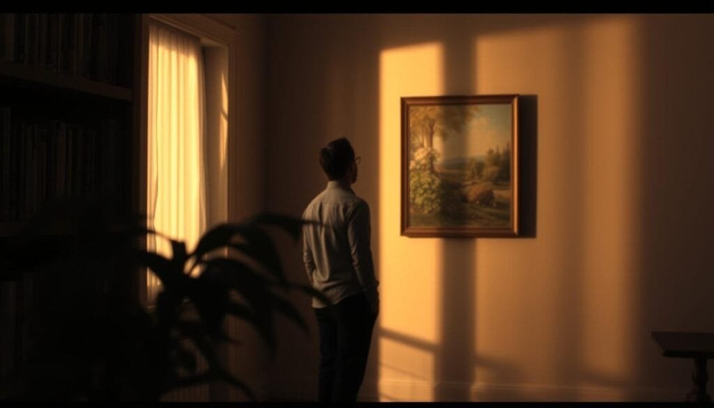 A dimly lit room, a bookshelf in the foreground, partially obscured by a potted plant. In the middle ground, a person standing, their gaze fixed on a painting on the wall. The painting appears to change subtly, shifting in color and composition, yet the observer remains unaware, lost in contemplation. Soft, warm lighting casts gentle shadows, creating an atmosphere of introspection. The scene captures the essence of "change blindness," the phenomenon where significant changes in a visual scene go unnoticed by the observer, highlighting the remarkable selectivity of human perception.
