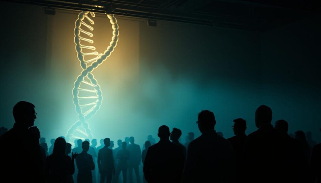 A dimly lit room, filled with an atmosphere of contemplation and unease. In the foreground, a group of figures engaged in a heated discussion, their faces cast in shadows, bodies language tense and uncertain. Behind them, a towering image of a double-helix, the symbol of genetic engineering, looming large and ominous, casting an eerie glow across the scene. The lighting is dramatic, creating a sense of tension and the weight of the implications of "playing God." The camera angle is slightly elevated, giving the viewer a sense of observing the debate from above, as if bearing witness to a pivotal moment in the discourse surrounding the ethics of genetic manipulation.