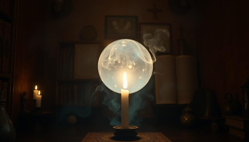 A dimly lit room, the air charged with a sense of the unknown. In the center, a levitating crystal sphere, its translucent surface reflecting the faint glow of a single candle. Wisps of energy swirl around it, hinting at the unseen forces at play. The scene is bathed in a warm, mystical light, evoking a sense of introspection and the exploration of the senses beyond the physical. In the background, the outlines of ancient tomes and occult artifacts suggest a deeper connection to the mysteries of the world. The overall atmosphere is one of contemplation and the potential to unlock the secrets of the subconscious.