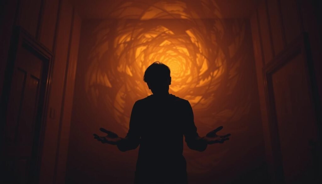 A dimly lit room, the air thick with a sense of unease. In the foreground, a figure stands, their face obscured by shadows, hands outstretched as if grasping for something intangible. Behind them, a swirling vortex of distorted shapes and colors, representing the tangled web of lies and deception that envelops the scene. The room is bathed in a warm, amber glow, casting a haunting, almost nostalgic atmosphere, hinting at the deep-rooted psychological complexities at play. The composition is tightly framed, drawing the viewer's focus to the central figure, their expression a blend of desperation and a desperate search for truth amidst the chaos of "mitomanía y verdad patológica".