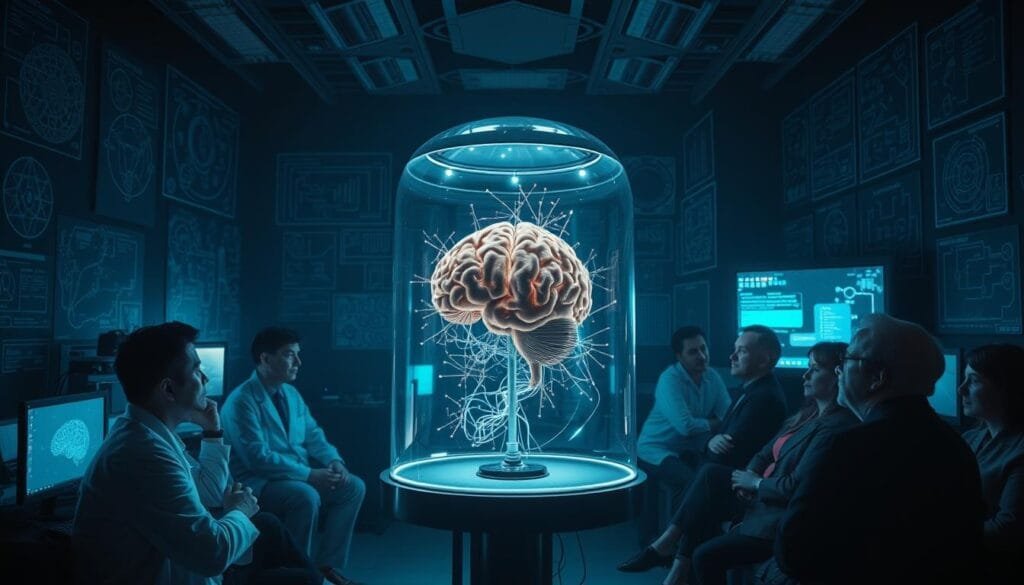 A dimly lit room, the walls adorned with intricate technological diagrams and the soft glow of computer monitors. In the center, a glass chamber houses a human brain, its synapses firing with a complex interplay of light and shadow. Surrounding the chamber, a team of scientists and philosophers contemplate the ethical dilemmas of transferring consciousness to a digital realm, their expressions a mix of fascination and trepidation. The air is thick with the weight of the decision, as the future of the human experience hangs in the balance.