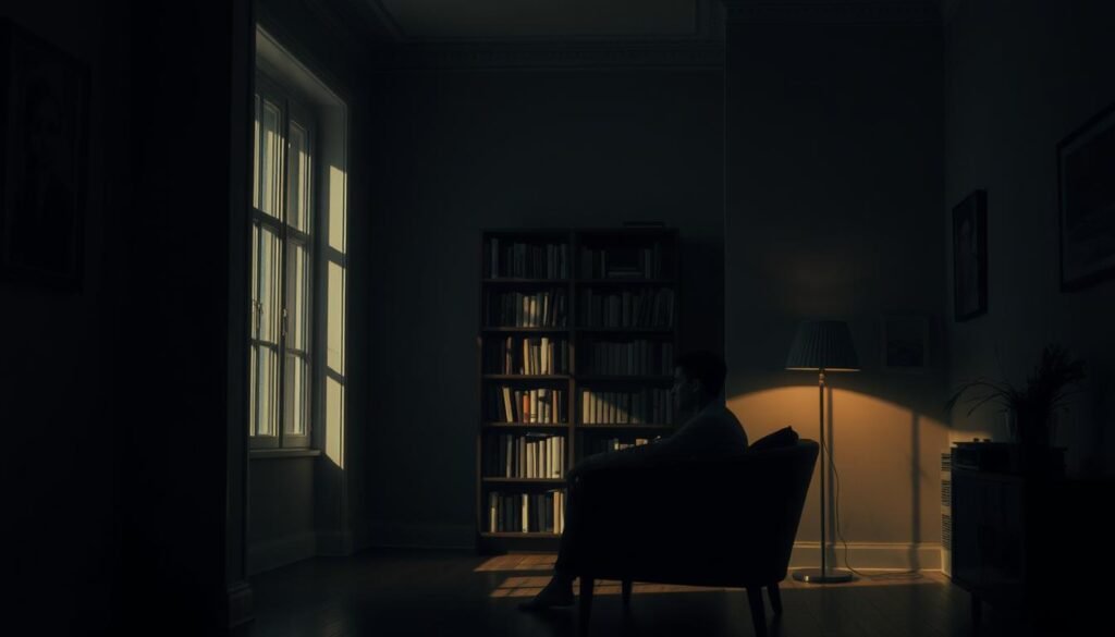 A dimly lit room, the walls adorned with understated art and muted colors. In the foreground, a solitary figure sits in a comfortable armchair, lost in thought, their gaze inward. The lighting is soft and warm, casting gentle shadows that accentuate the introverted nature of the scene. In the background, a bookshelf stands tall, a testament to the quiet pursuit of knowledge and self-reflection. The overall atmosphere is one of introspection, tranquility, and the power of the unspoken. The image should convey the essence of introversion - a deep, contemplative state of being, where the inner world takes precedence over the external.