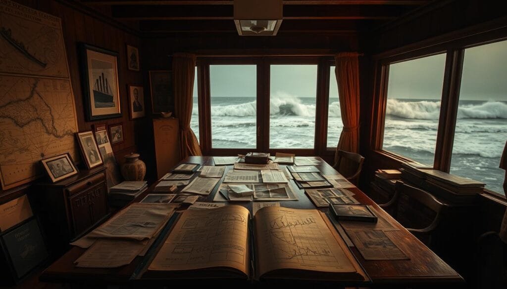 A dimly lit room, the walls adorned with vintage nautical charts and old photographs. In the center, a large wooden table is covered in scattered documents, maps, and newspapers, all focused on a single topic - the "Titanic conspiracy theory." In the foreground, an open book displays hand-drawn diagrams and sketches, hinting at alternative theories surrounding the ship's fate. The lighting is warm, almost sepia-toned, creating an atmosphere of intrigue and mystery. In the background, a large window overlooks a stormy ocean scene, the waves crashing against the shore, as if to emphasize the enduring nature of this conspiracy. The overall mood is one of investigation, exploration, and a search for the truth behind the legendary ship's apparent demise.