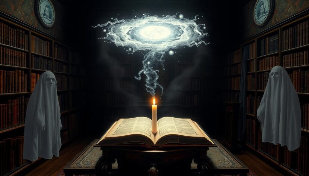 A dimly lit room, with shelves of ancient tomes lining the walls. In the center, a large, ornate table, upon which rests an open book, its pages illuminated by the soft glow of a single candle. Hovering above the book, a shimmering portal, a gateway to another realm, where the boundaries between worlds blur. Ghostly figures, their features indistinct, peer through the portal, their expressions a mix of curiosity and wonder. The air is thick with a sense of mystery, a whisper of the unknown. The scene conveys the origins of the Mandela Effect, a phenomenon where collective memories diverge from reality, hinting at the possibility of alternate universes or glitches in the fabric of our perceived existence.