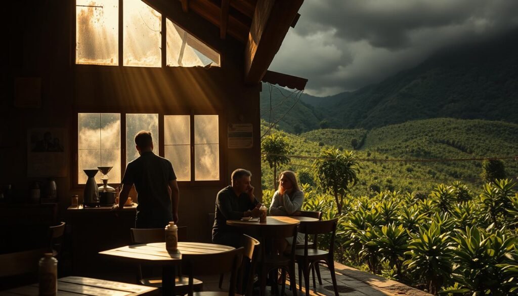 A dimly lit, rustic arabica coffee café in a remote, mountainous region, under the ominous shadow of a looming storm. The interior is cozy, with wooden tables, mismatched chairs, and the aroma of freshly brewed coffee wafting through the air. Sunlight filters in through the grimy windows, casting a warm, golden glow. In the foreground, a lone barista serves a customer, their expressions pensive as they contemplate the uncertain future. The middle ground reveals the café's patrons, their faces etched with worry, huddled together in quiet conversation. In the background, a lush, green coffee plantation stretches out, its verdant leaves wilting under the oppressive heat and darkening skies - a foreboding sign of the impact of climate change on this cherished tradition.