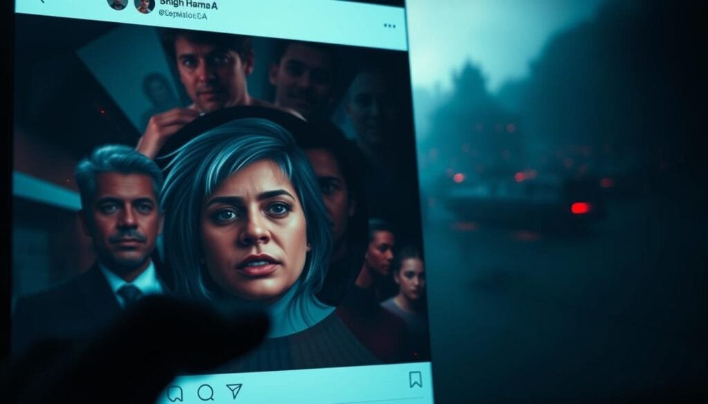 A dimly lit social media feed, casting an ominous glow. In the foreground, a swirling vortex of digital distortions, AI-generated faces blending seamlessly with real ones. Shadows of doubt creep across the screen, as the line between truth and fiction blurs. In the background, a haunting landscape of viral misinformation, echoing the dangers of deepfakes as they spread across the networked world. Cinematic lighting and a sense of unease permeate the scene, capturing the perilous nature of this emerging threat to digital truth.