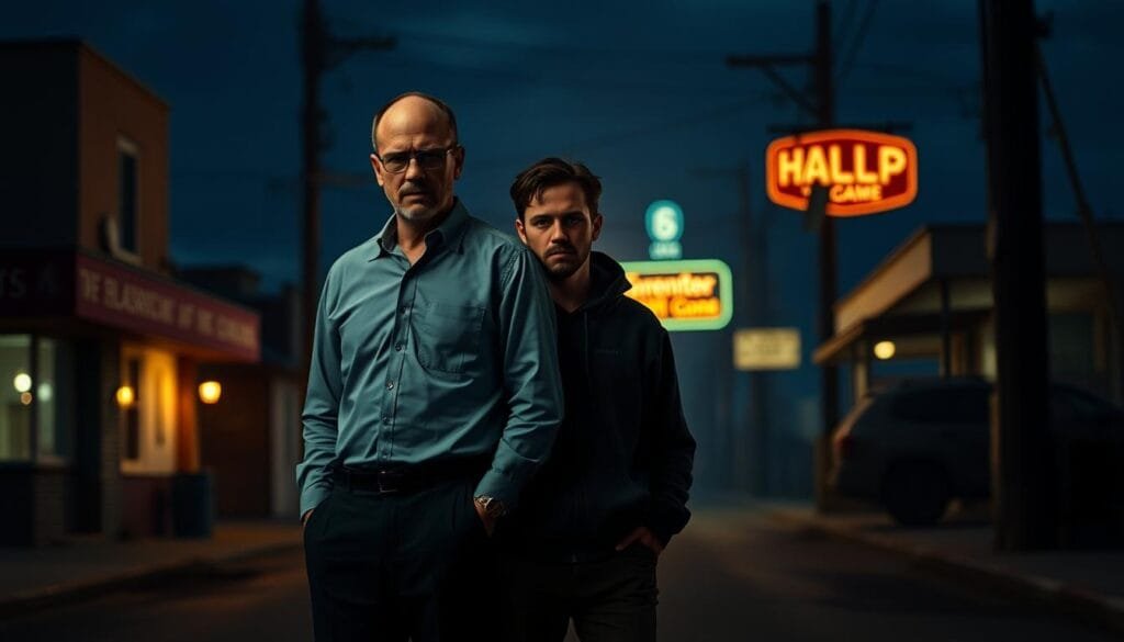 A dimly lit street at dusk, with a sense of foreboding and unease. In the foreground, Walter White and Jesse Pinkman stand side by side, their expressions a complex mix of tension, regret, and a reluctant camaraderie. Walter, in his crisp shirt and slacks, exudes a quiet, brooding intensity, while Jesse, in his hoodie and jeans, appears more agitated and conflicted. The middle ground is hazy, suggesting the moral ambiguity that has enveloped their relationship. In the background, a neon sign flickers, casting an eerie glow over the scene, hinting at the darker elements of their shared journey. The lighting is dramatic, with deep shadows and highlights that accentuate the emotional weight of the moment, capturing the essence of their transformative bond.