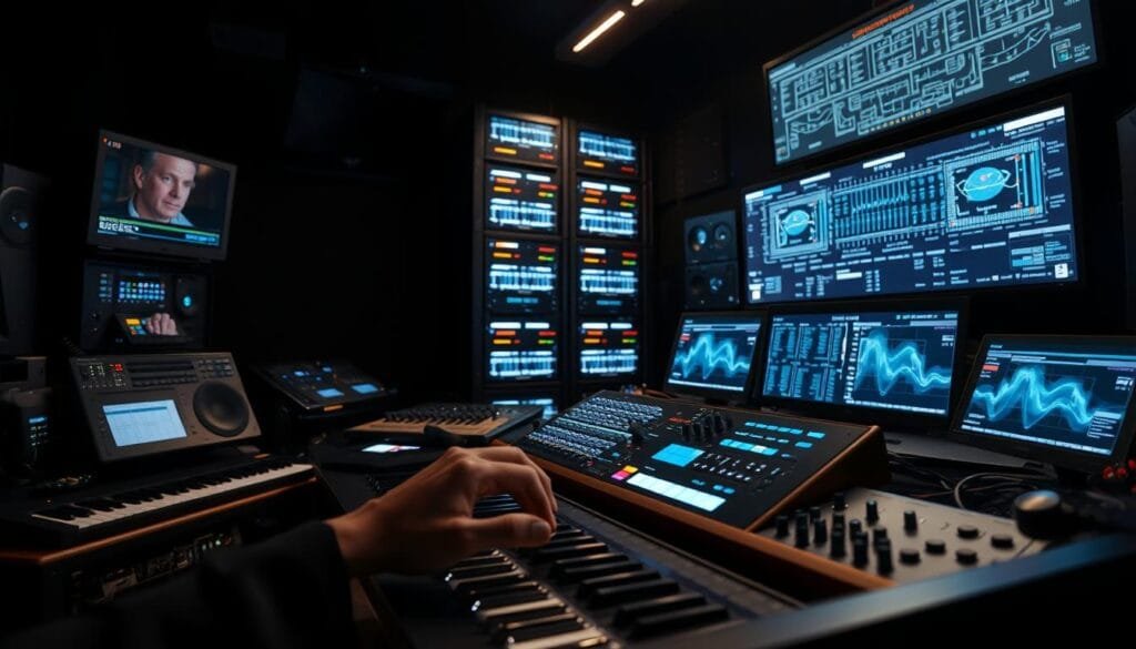 A dimly lit studio filled with an array of sleek, high-tech musical equipment and gadgets. In the foreground, a pair of hands skillfully manipulate a digital music interface, blending virtual instruments and sound samples. The background reveals a towering array of servers and screens, visualizing complex algorithms and data models that analyze the emotional cadence of the music. Soft, ambient lighting casts a serene glow, creating an atmosphere of thoughtful creativity and technological innovation. The scene captures the intersection of artificial intelligence and musical composition, where the power of machine learning enables a new era of emotive and cinematic soundtracks.