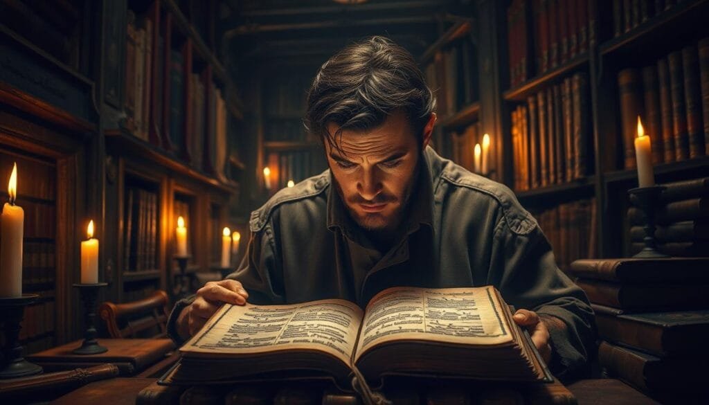 A dimly lit study, bathed in warm, flickering candlelight. Rows of ancient tomes line the shelves, their spines worn and weathered. In the center, a scholar pores over a crumbling manuscript, brow furrowed in concentration as they decipher the faded, arcane script. Glyphs and symbols from long-forgotten languages dance across the page, their meanings obscured by the mists of time. The air is heavy with the scent of parchment and the whispers of the past, as the scholar seeks to unravel the secrets of these lost tongues, uncovering the rich tapestry of human history, one translated word at a time.