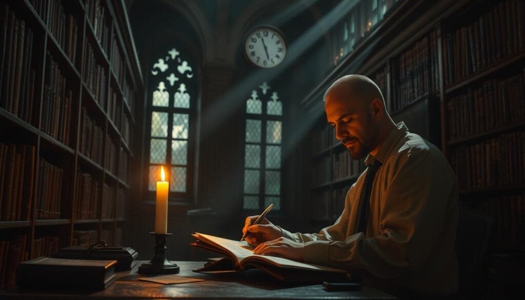 A dimly lit study, filled with the scent of ancient parchment. Illuminated by the warm glow of a single candle, a scholar meticulously examines a manuscript, their quill dancing across the page as they carefully document its contents. Surrounded by towering shelves, each laden with volumes of history, the room exudes an air of scholarly contemplation. Beams of light filter through the mullioned windows, casting a soft, ethereal glow upon the scene, as if the very knowledge within these walls is imbued with a timeless, sacred quality. The faint sound of a clock's ticking echoes, punctuating the reverent silence, as the scholar's work continues, preserving the wisdom of the ancients for generations to come.