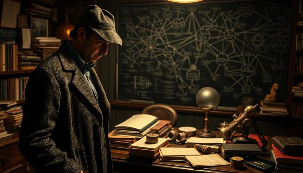 A dimly lit study in 221B Baker Street, London. In the foreground, Sherlock Holmes, dressed in his signature tweed jacket and deerstalker cap, stands pensively, his piercing gaze fixed on a magnifying glass as he examines a clue. The middle ground features a cluttered desk, covered in books, papers, and scientific equipment, hinting at the detective's analytical mind. In the background, a chalkboard displays a web of interconnected ideas, illustrating the intricate deductive process at work. Soft, warm lighting casts dramatic shadows, creating an atmosphere of deep contemplation and intellectual rigor, reflecting the "método deductivo" that underpins Sherlock Holmes' legendary problem-solving abilities.