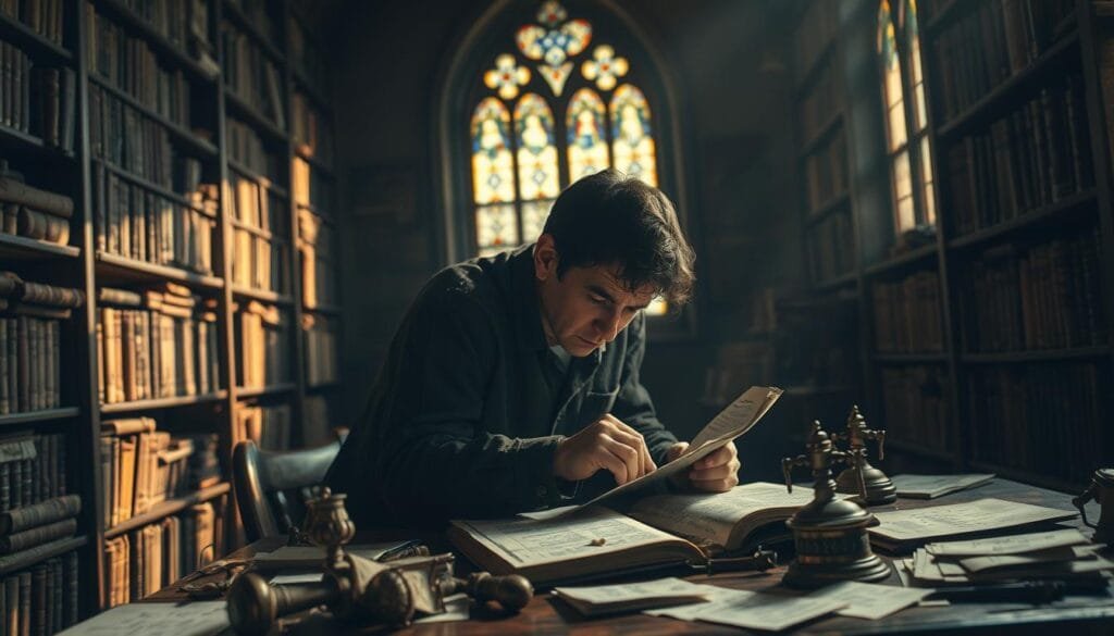 A dimly lit study, shelves of aged tomes lining the walls, casting flickering shadows. In the center, a scholar hunched over a worn ledger, brow furrowed as they pore over complex calculations, the weight of historical errors etched in their posture. Soft amber light filters through stained glass, imbuing the scene with a sense of contemplation and the passage of time. Antique brass instruments and crumpled papers scattered on the desk hint at the painstaking process of mathematical reckoning. An aura of solemn reverence permeates the space, a visual metaphor for the costly consequences of historical calculation mistakes.