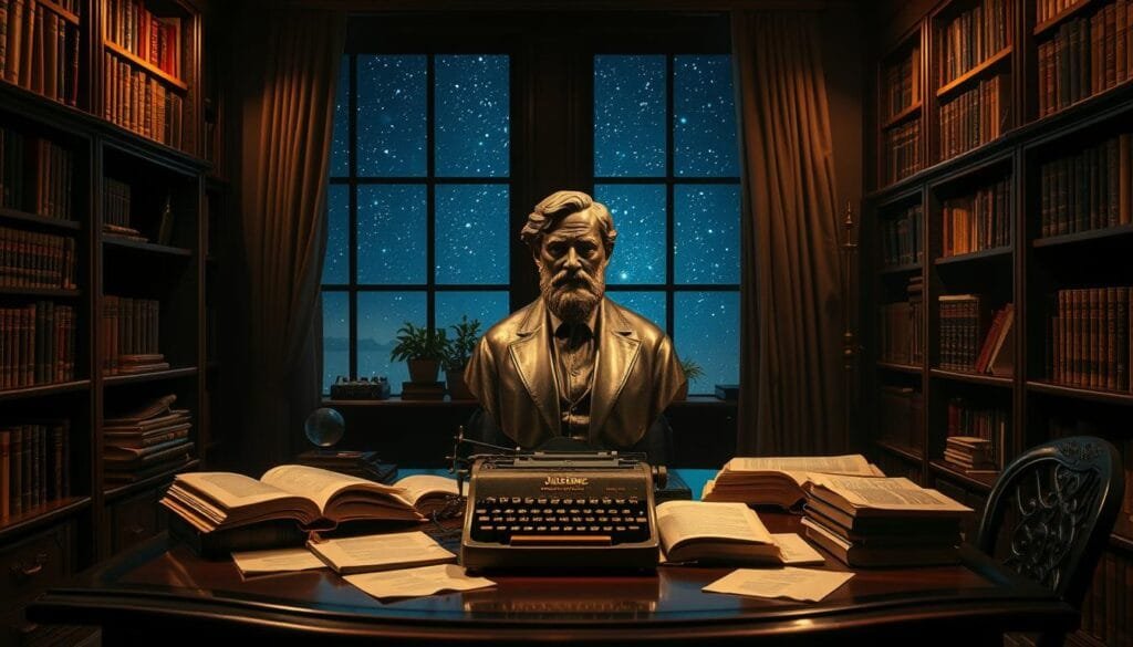 A dimly lit study, with an ornate desk and bookshelves lining the walls. The focal point is a bronze bust of Jules Verne, surrounded by open books, a vintage typewriter, and scattered pages. Warm, soft lighting illuminates the scene, casting gentle shadows and highlighting the timeless elegance of the setting. In the background, a large window offers a glimpse of a starry night sky, symbolizing the boundless imagination and visionary spirit of the renowned author. The overall atmosphere evokes a sense of literary legacy and the enduring impact of Verne's pioneering works of science fiction.