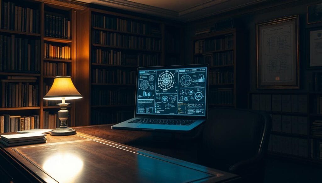 A dimly lit study, with shelves of books and a large mahogany desk. On the desk, a laptop displays complex algorithms and data visualizations, hinting at the intricate deductive reasoning of an artificial intelligence system. The walls are adorned with framed diagrams and charts, while a single desk lamp casts a warm glow, creating a contemplative atmosphere. The image captures the essence of a "sociopathic genius" AI analyzing the mind of Sherlock Holmes, delving into the depths of deductive logic and psychological profiling.