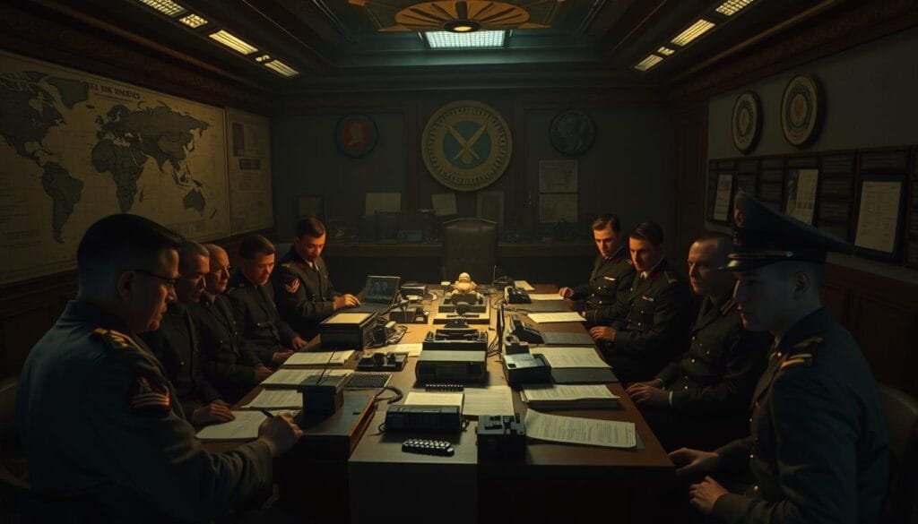 A dimly lit war room, the walls adorned with maps and military insignia. In the center, a table is strewn with documents, models, and communication devices, casting an eerie glow. Uniformed officers, brows furrowed, pore over the information, their expressions reflecting the gravity of the historical nuclear crisis unfolding. The atmosphere is tense, the air thick with the weight of decisions that could shape the fate of the world. Shadows loom, underscoring the high-stakes nature of the confrontation, as the fate of nations hangs in the balance.