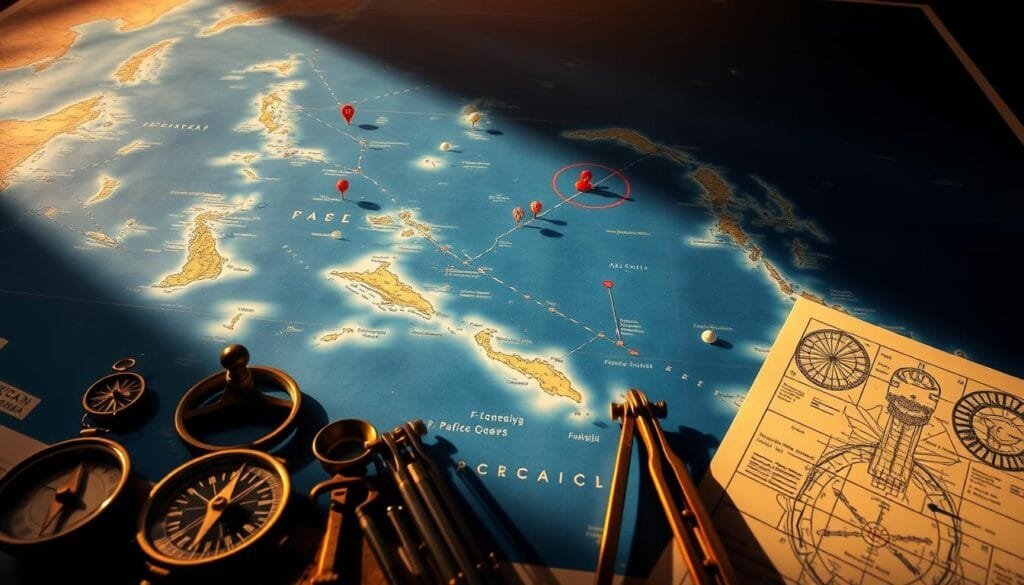 A dramatic aerial view of a Pacific Ocean war map, with strategic military codes and symbols overlaying the vast blue expanse. The map is illuminated by a warm, golden light, casting dramatic shadows on the different regions. In the foreground, a series of compasses, protractors, and other navigational tools are arranged, hinting at the meticulous planning and strategy involved. The middle ground features various military icons, pinned locations, and annotated routes, suggesting the complex maneuvering and decision-making required. In the background, the distant horizon is shrouded in a pensive, almost ominous atmosphere, reflecting the high stakes and far-reaching consequences of the strategic decisions made in this theater of war.