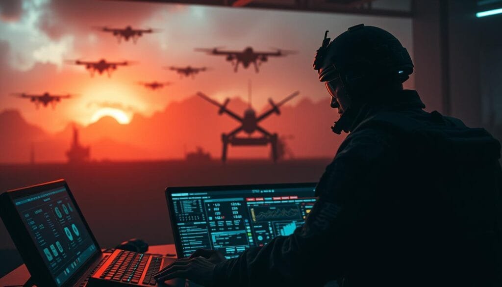 A dramatic and tense scene of modern warfare, with advanced military technology and intelligence operations clashing in the foreground. In the middle ground, a battle-hardened soldier monitors a series of high-tech displays, analyzing data streams and coordinating strikes. In the background, the ominous silhouettes of combat aircraft and drones loom, ready to unleash devastating precision attacks. Shadows cast by neon-lit holographic projections create an atmosphere of anxiety and unease, reflecting the gravity of the decisions being made. Highly realistic, cinematic lighting emphasizes the gravity of the situation, underscoring the pivotal role of intelligence and technology in shaping the outcome of modern conflicts.