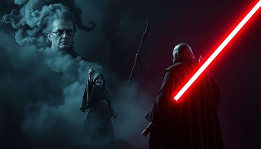 A dramatic, cinematic scene depicting a confrontation between a Sith Lord and a Dark Wizard from the Harry Potter universe. The Sith Lord stands tall in the foreground, clad in dark robes and wielding a crackling crimson lightsaber. In the middle ground, the Dark Wizard raises a gnarled wand, casting an ominous spell as dark energy swirls around them. The background is shrouded in an eerie, fog-like mist, creating an atmosphere of tension and foreboding. Dramatic lighting casts sharp shadows, emphasizing the power and intensity of the encounter. The composition is balanced, drawing the viewer's eye to the central conflict between these two formidable wielders of dark magic.