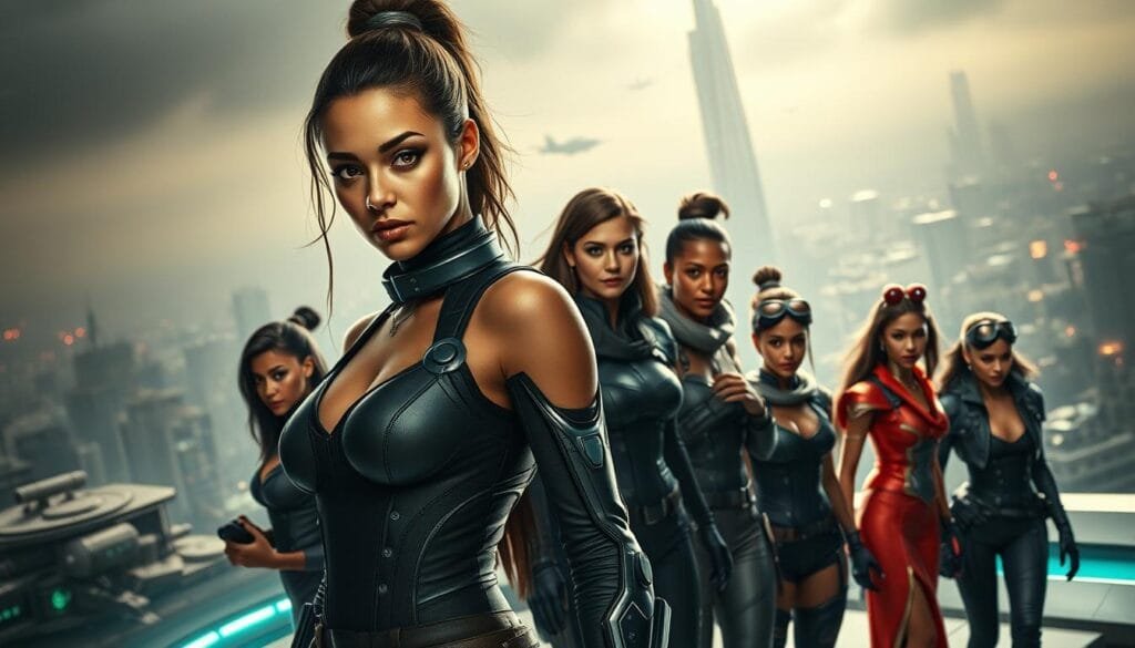 A dramatic, cinematic scene depicting a diverse group of strong, empowered female characters from the future. In the foreground, a tall, confident woman with futuristic cyberpunk attire stands resolute, her piercing gaze challenging the viewer. Behind her, a group of women from various backgrounds and ethnicities, each with their own unique style and abilities, work together to overcome a technological or environmental challenge. The lighting is moody and atmospheric, casting dramatic shadows and highlights that accentuate the characters' features and determination. The background is a sprawling, hyper-advanced cityscape, hinting at a world where women are at the forefront of progress and innovation. An air of mystery and excitement permeates the scene, inviting the viewer to imagine the untold stories of these futuro personajes femeninos.