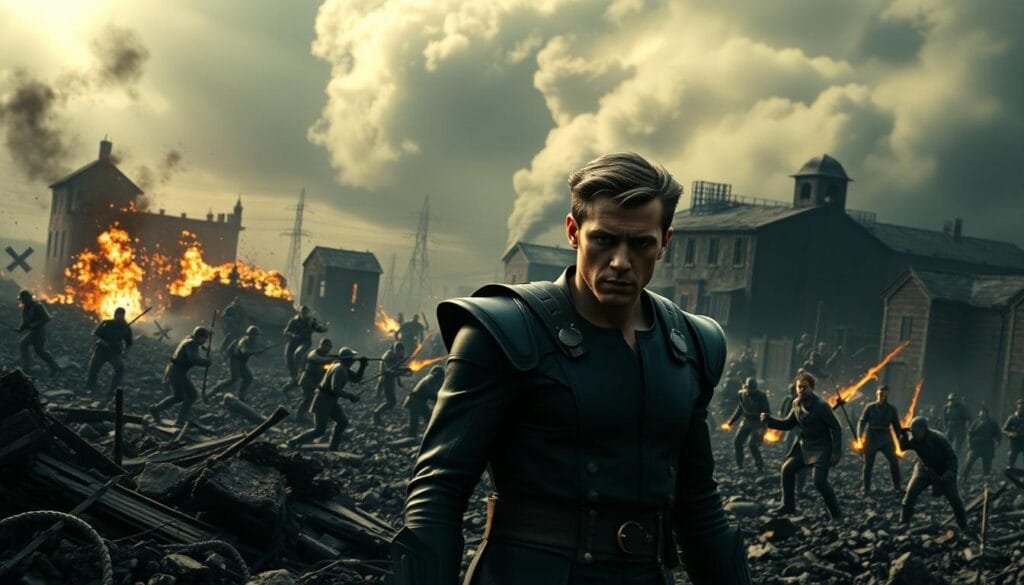 A dramatic, cinematic scene depicting the historical context of Magneto's life and struggles. In the foreground, a young Magneto stands amidst the rubble of a war-torn village, his face etched with determination and sorrow, as he gathers his powers to fight against the oppressive forces that have devastated his people. The middle ground is filled with the chaos of battle, with Nazis and mutants clashing in a display of intense, otherworldly abilities. In the background, the looming shadow of a concentration camp casts a somber, foreboding atmosphere, a stark reminder of the horrors Magneto has endured. The lighting is dramatic, with harsh shadows and highlights that accentuate the tension and emotion of the scene. The camera angle is low and imposing, emphasizing the weight of Magneto's burden and the gravity of the historical context that has shaped his complex, nuanced ideology.