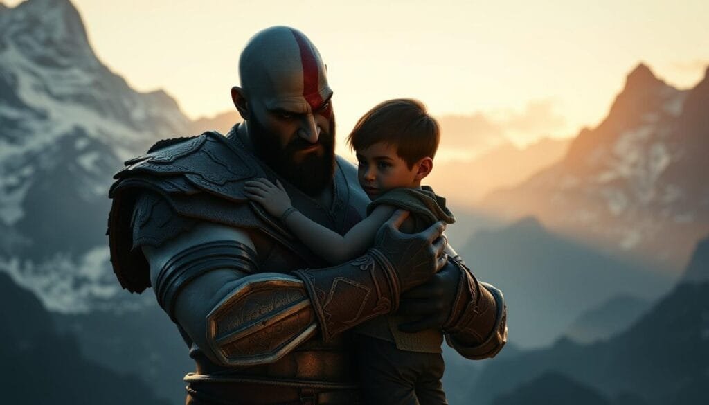 A dramatic, cinematic scene of Kratos, the God of War, tenderly embracing his young son Atreus against a backdrop of towering, snow-capped mountains. Soft, warm lighting illuminates their faces, conveying a sense of soulful connection and newfound paternal love, a stark contrast to Kratos' violent past. The duo stands in the middle ground, with a faint hazy mist enveloping the distant peaks, creating an atmosphere of tranquility and emotional resonance. Kratos' powerful, battle-scarred frame protectively encircles Atreus, the boy's expression one of trust and vulnerability as they forge a transformative father-son bond.