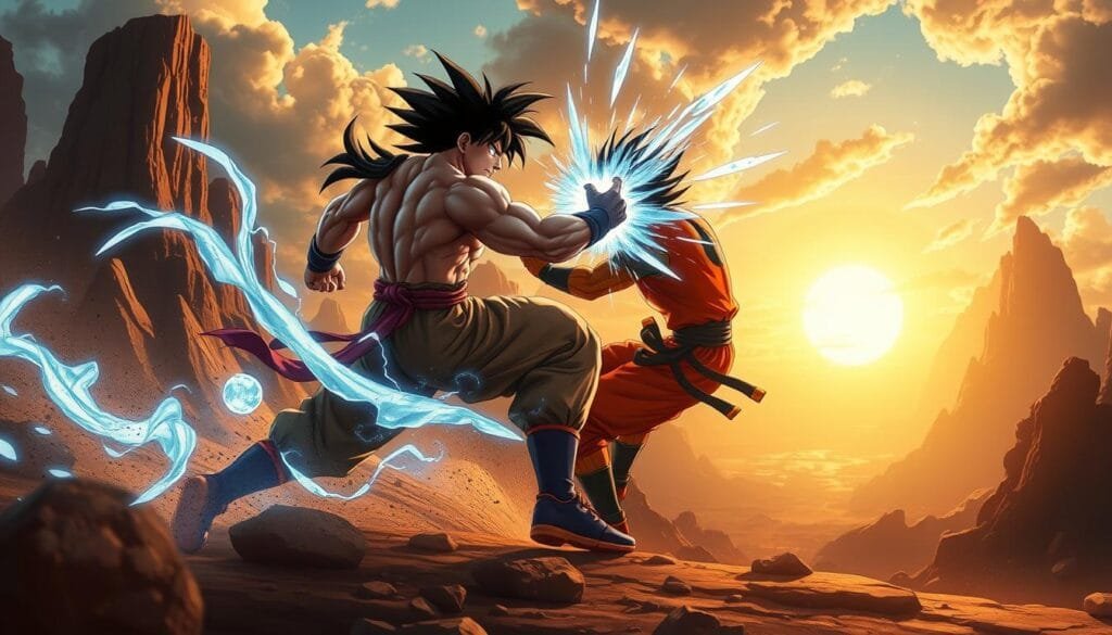 A dramatic, cinematic scene of dynamic combat in the iconic world of Dragon Ball. In the foreground, two warriors clash with intense energy blasts and swift martial arts maneuvers, their muscular forms illuminated by vibrant, ethereal light. In the middle ground, a detailed rendering of the distinctive Dragon Ball art style, with intricate character designs, bold lines, and a saturated color palette. The background depicts a sweeping, fantastical landscape - towering rocky formations, swirling clouds, and a dramatic sky bathed in a warm, golden glow. The overall composition conveys a sense of movement, power, and the fusion of art, design, and masterful combat that defines the Dragon Ball universe.