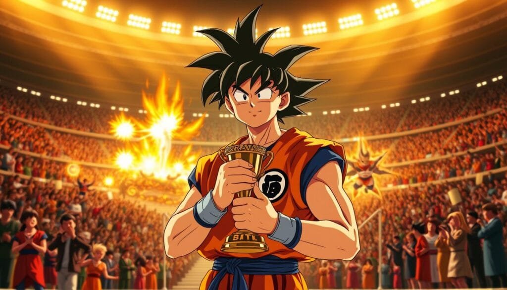 A dramatic, cinematic scene of iconic moments from Goku's journey in the World Tournament. In the foreground, Goku stands triumphant, his face filled with determination, as he clutches the tournament trophy. The middle ground captures his most memorable battles, with dynamic poses and energy blasts illuminating the scene. In the background, the grand stadium bustles with cheering crowds, their excitement palpable. Warm, golden lighting casts a heroic glow, while a shallow depth of field emphasizes the focus on Goku and the tournament highlights. An emotive, stirring composition that encapsulates the spirit of Goku's relentless pursuit of strength and the iconic moments that define his legacy.